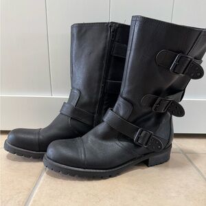 G by Guess Red and Black Plaid Lined 3 buckle Boots